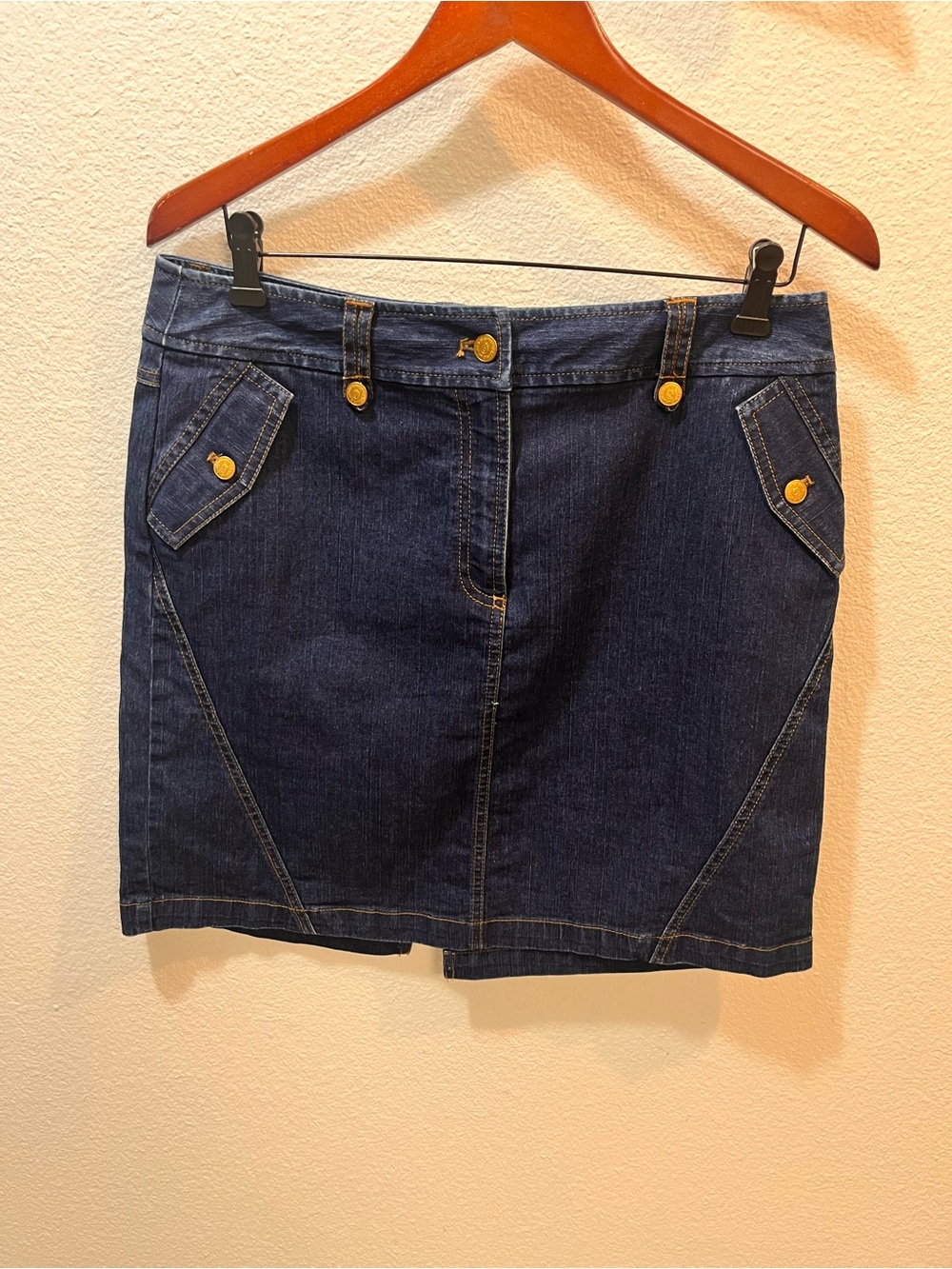 Jones New York Dark Blue Denim Mini Skirt with Gold Buttons